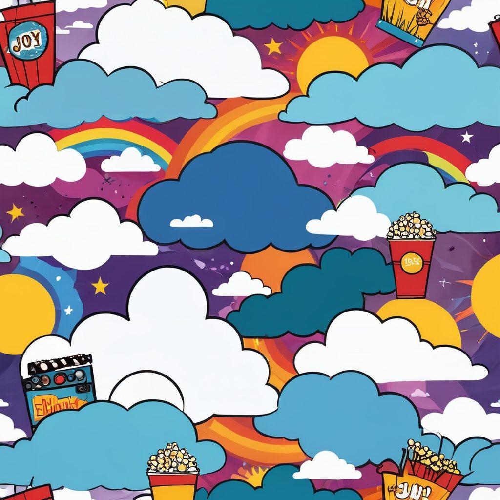 A whimsical cartoon landscape filled with vibrant characters from various animation styles, including classic and modern cartoons, showcasing a diverse array of emotions. Integrate elements like film reels, popcorn, and speech bubbles with reviews and recommendations. The background should have colorful, exaggerated clouds and a cheerful sun, creating a sense of joy and excitement. Capture the essence of a cartoon lover's paradise in a playful manner. vector art. vibrant colors. white background.