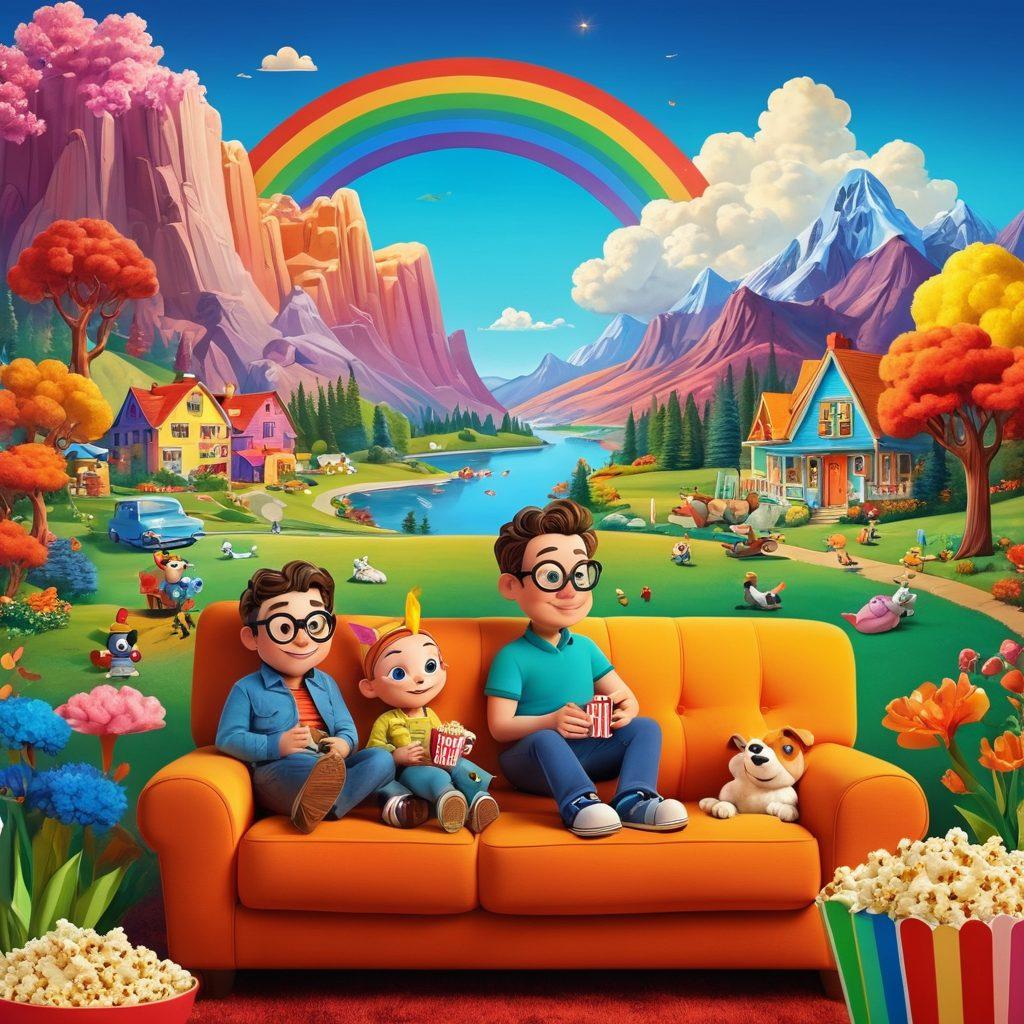 A colorful collage showcasing iconic animated characters from classic shows transitioning into new favorites. Include a vibrant backdrop of a whimsical landscape with rainbow colors and elements representing nostalgia and modernity. Incorporate a family happily watching these shows on a couch with popcorn. Add dynamic motion lines to convey excitement and joy. cartoon style. vibrant colors. 3D elements.