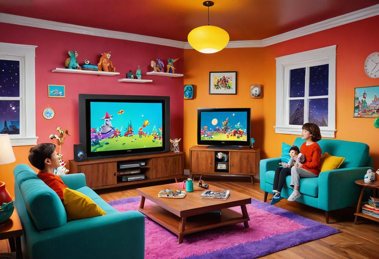 A whimsical scene depicting a family gathered around a television, entranced by vibrant animated characters leaping off the screen. Include a mix of classic and modern cartoon elements like a flying spaceship, magical creatures, and anthropomorphic animals, all set in a cozy living room with plush sofas and snacks. The ambiance should be joyful and colorful, inviting viewers into the world of animated wonders. cartoonish style. vibrant colors. playful atmosphere.